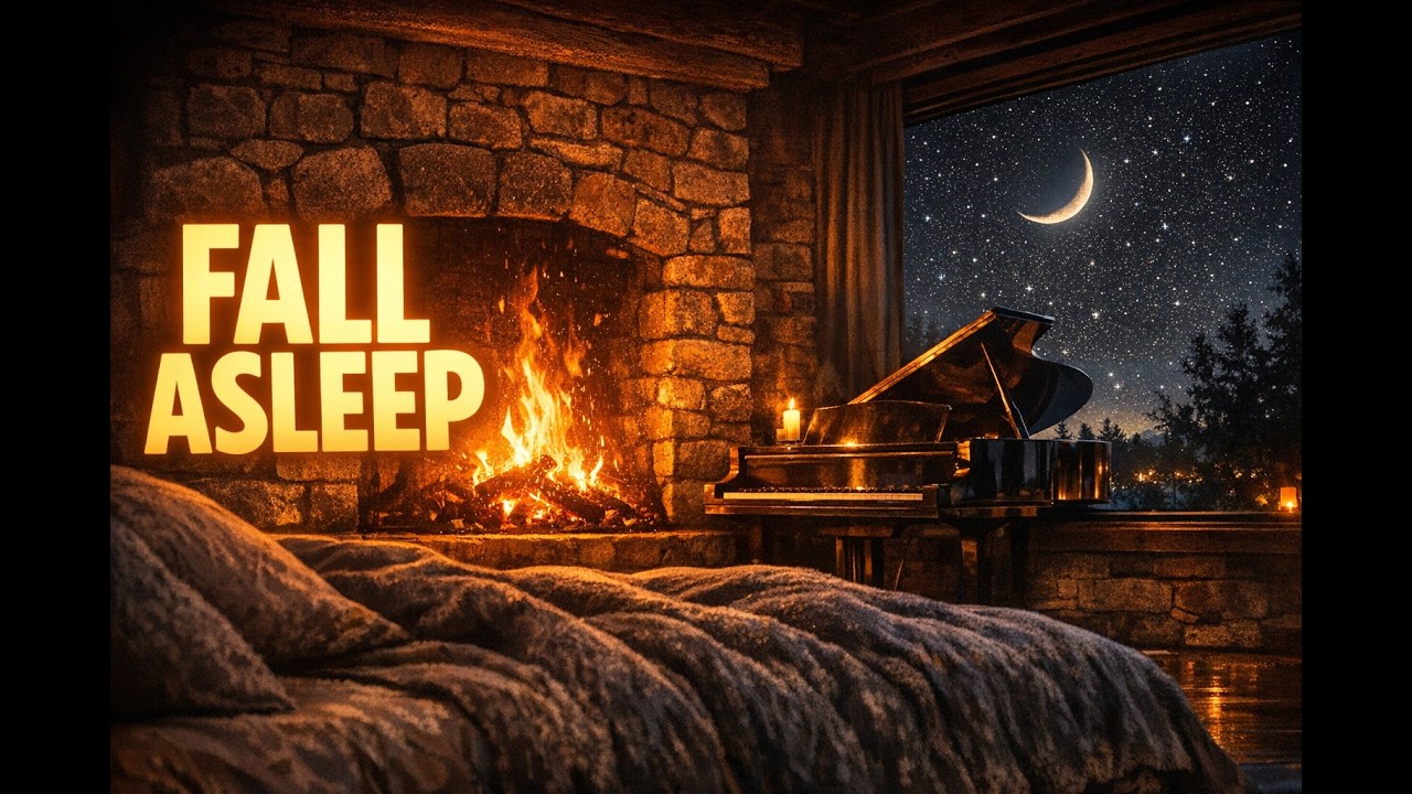 Midnight Fireplace in a Snowy Cabin | Peaceful Piano and Violin for Deep Rest