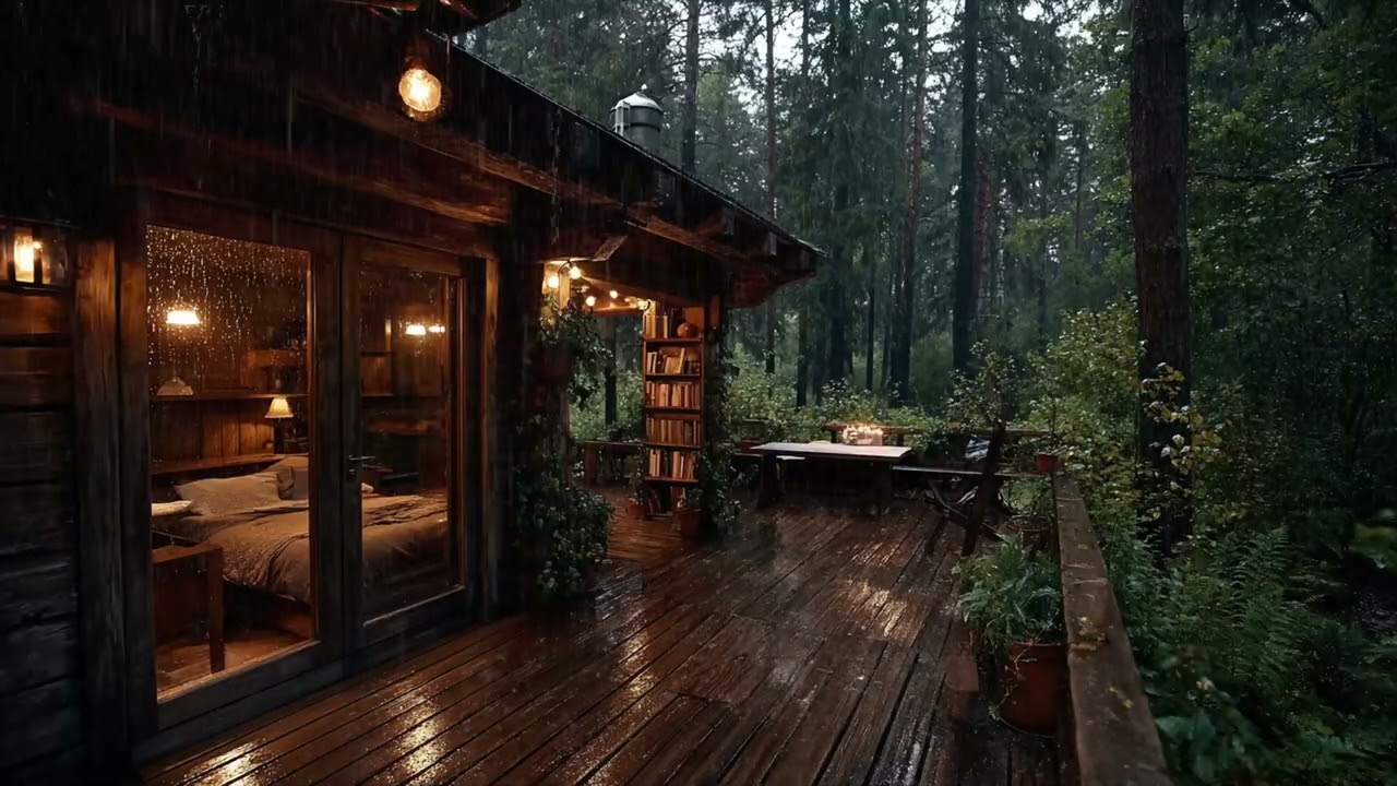 Rainy Night in Pine Forest Cabin 🌧️ Warm Lamp Glow & Books for Deep Sleep and Cozy Reading