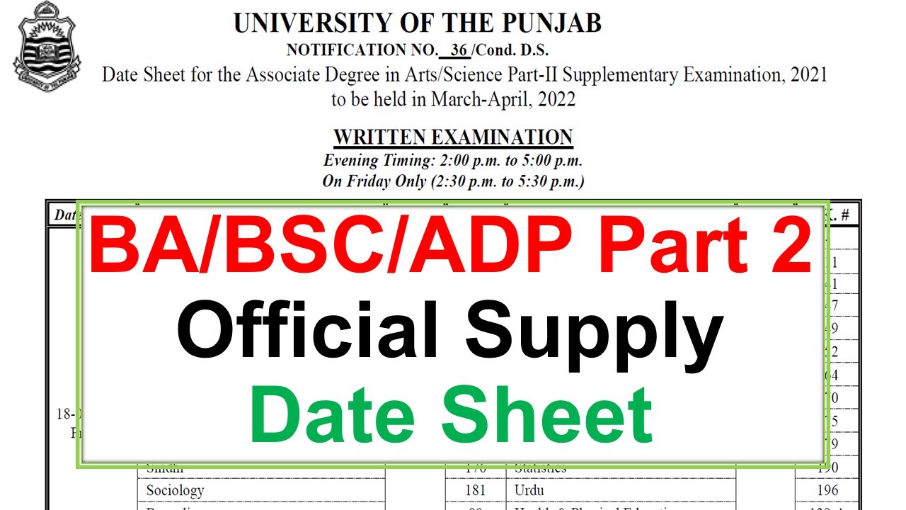 ba bsc adp part 2 official date sheet 2021 supply exams punjab university supply date sheet pu
