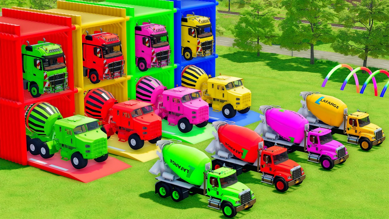 Garage with Colors - ALL MIXER TRUCK WITH DOUBLE FLATBED TRAILER TRUCK, OSHKOSH, FREIGHTLINER, MAN