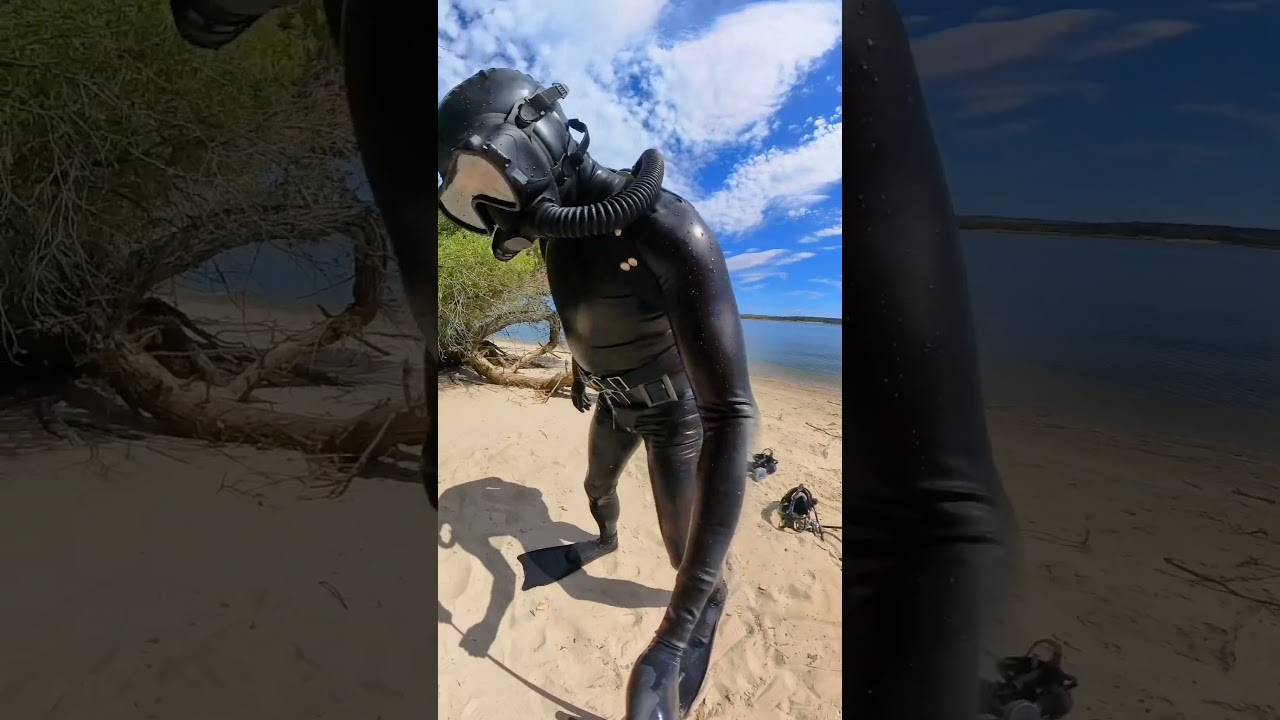 Cobrafrogman, diver wearing FFM and dive suit #latex #vintagescuba #scuba #frogman #frogwoman