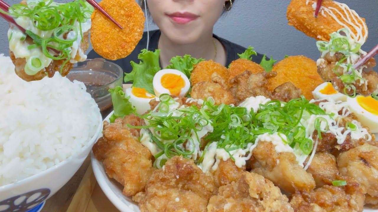 【ネギマヨ唐揚げ×白米】ASMR 日本語字幕