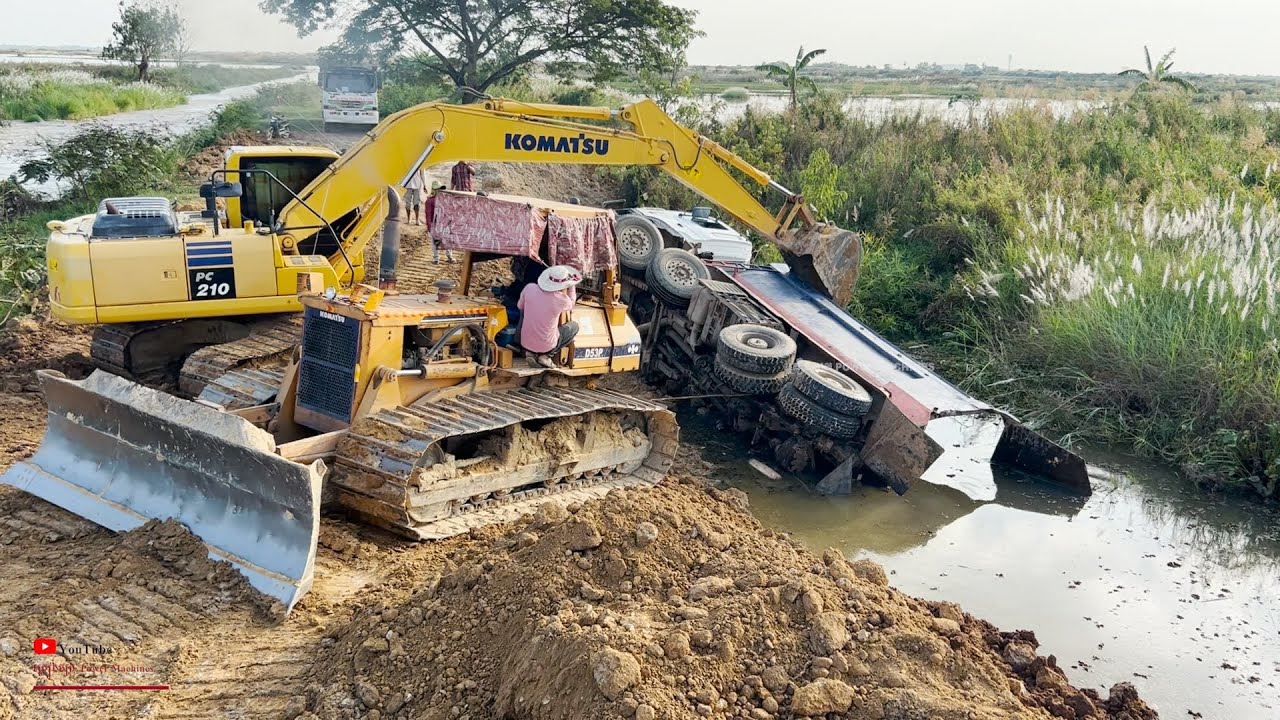 Incredible Dump Truck Fails Job In Water Technique Skill Recovery By Komatsu Excavator And Bulldozer