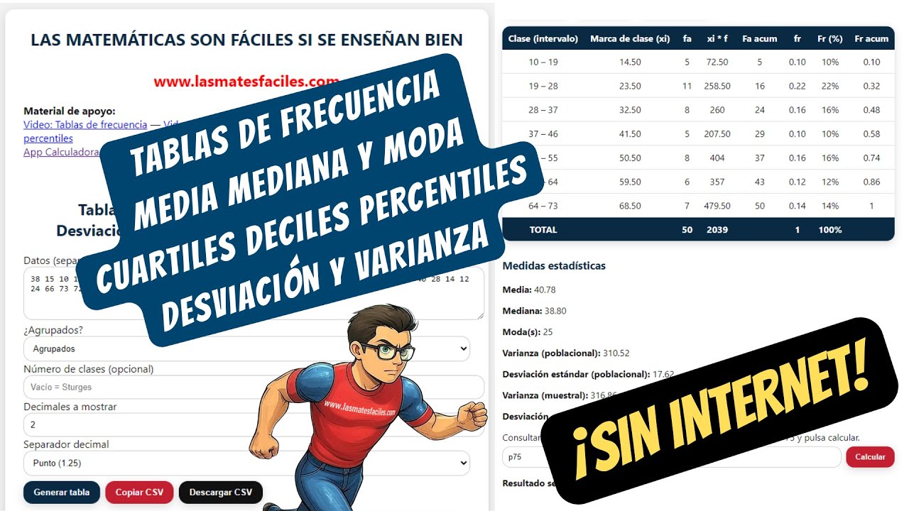 Generador Offline de Tablas de Frecuencias | Media Mediana Moda Cuartiles Deciles Varianza y Más