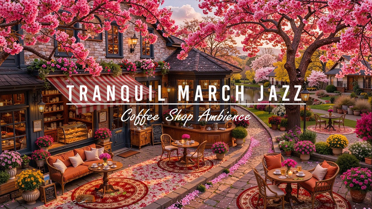 🌸Springtime Street & Outdoor Coffee Shop Ambience with Tranquil March Jazz Music for Relax,Good Mood