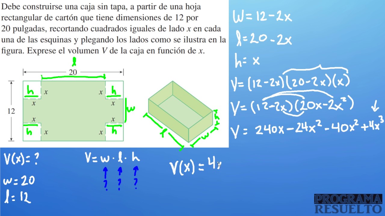 Hallar el VOLUMEN de una CAJA sin TAPA en función de una VARIABLE | EJERCICIO RESUELTO