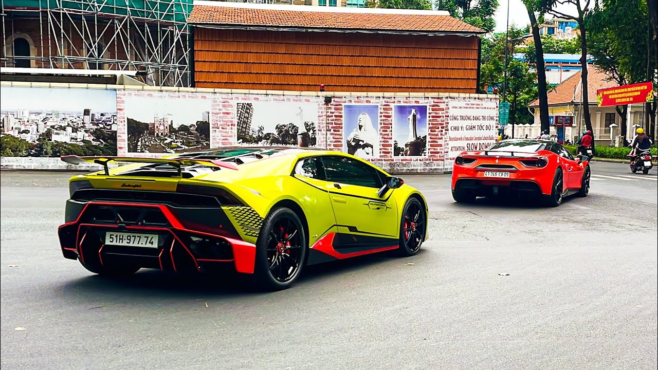 Vợ chồng chị Đoàn Di Băng mang Lamboghini Huracan độ STO hội ngộ cùng Ferrari 488 Novitec Rosso !