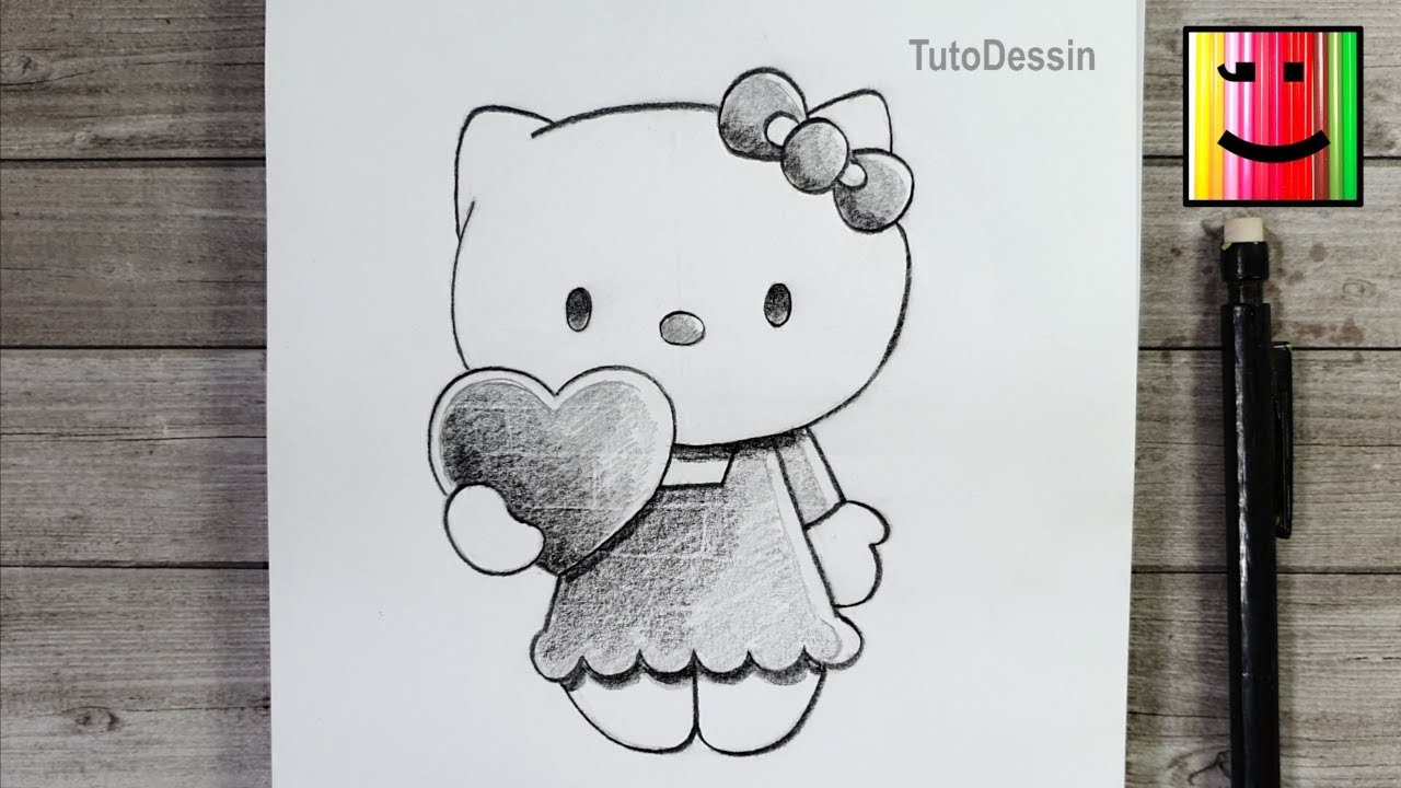 Dessin facile : Hello Kitty avec un cœur au crayon de papier