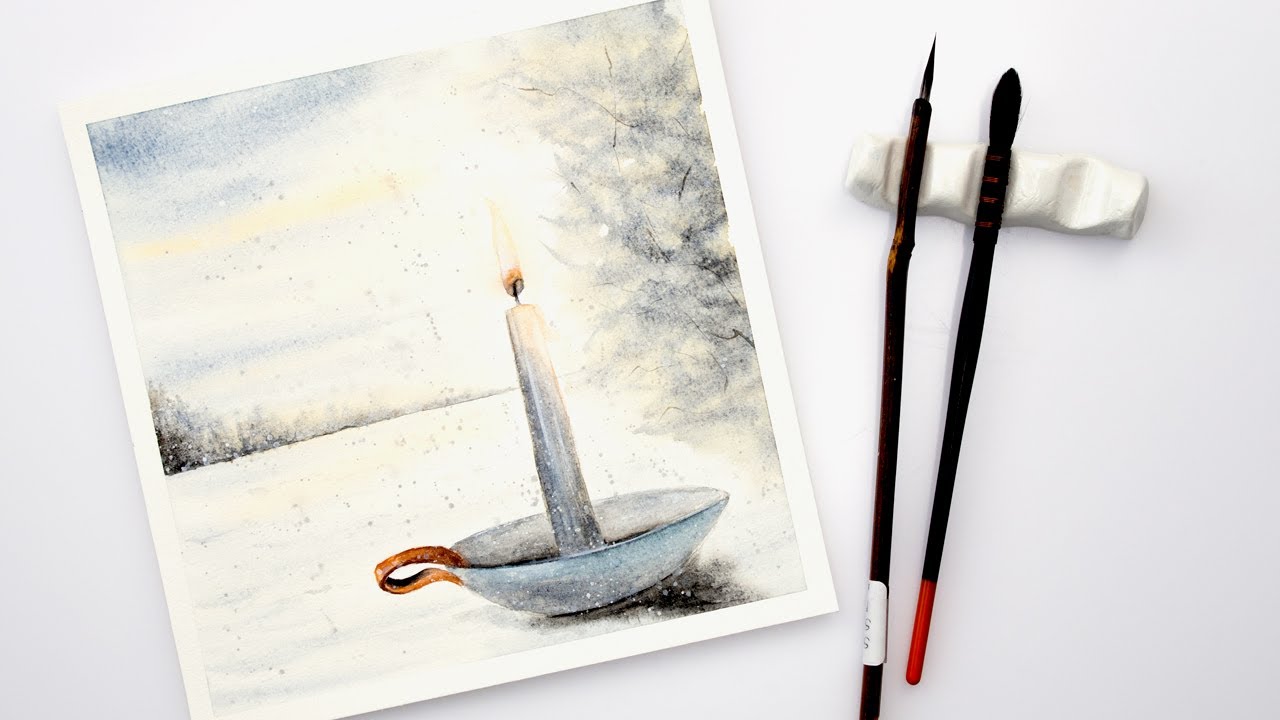 30 days of winter - watercolor landscape - candle burning + FREE sketch