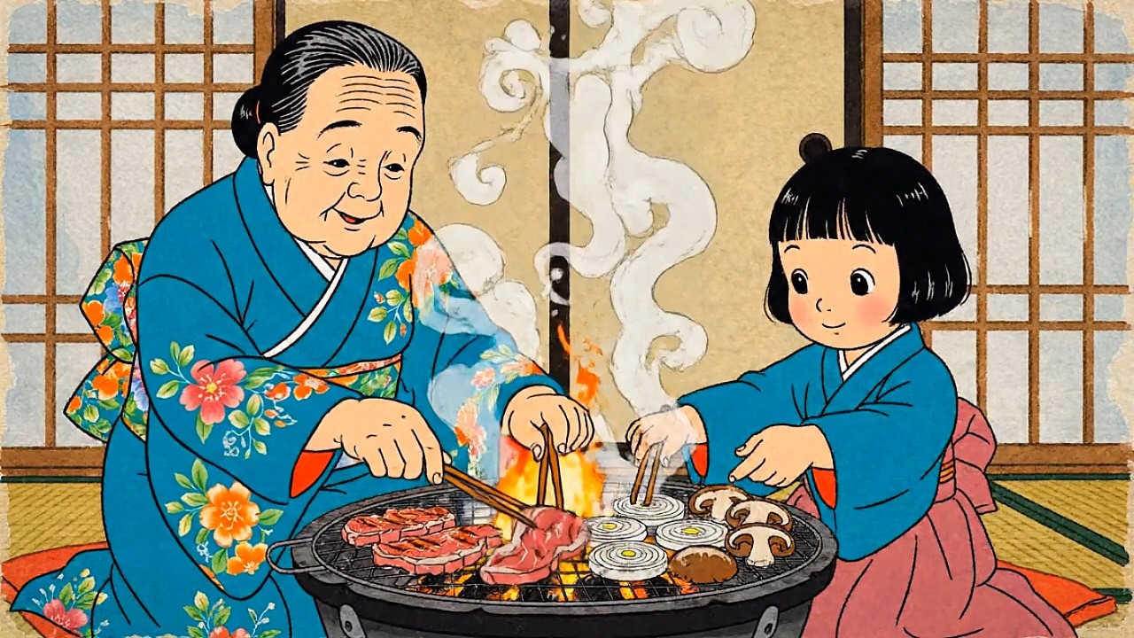 a day in japanese countryside market, making grilled meat with grandma (asmr cooking) - ghibli style
