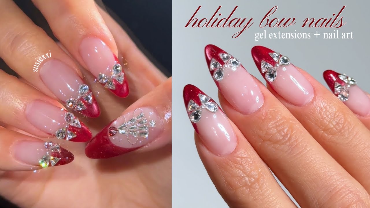 holiday bow nails &hearts;️🎄christmas nails, gel nail extensions, easy gem nail art