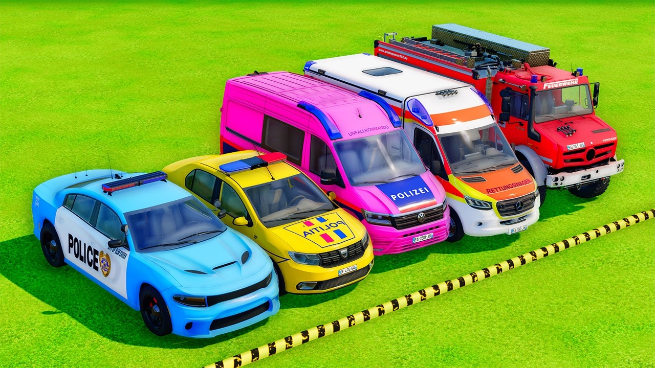 TRANSPORTING POLICE CARS, AMBULANCE, FIRE TRUCK, COLORFUL CARS WITH TRUCKS FARMING SIMULATOR 22!#053