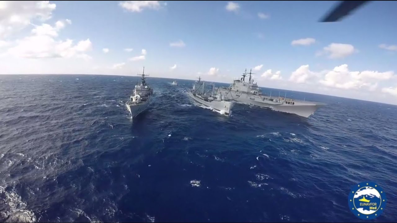 EUNAVFOR MED - operation SOPHIA flagship ITS Garibaldi replenishment at sea (RAS) with ITS Stromboli