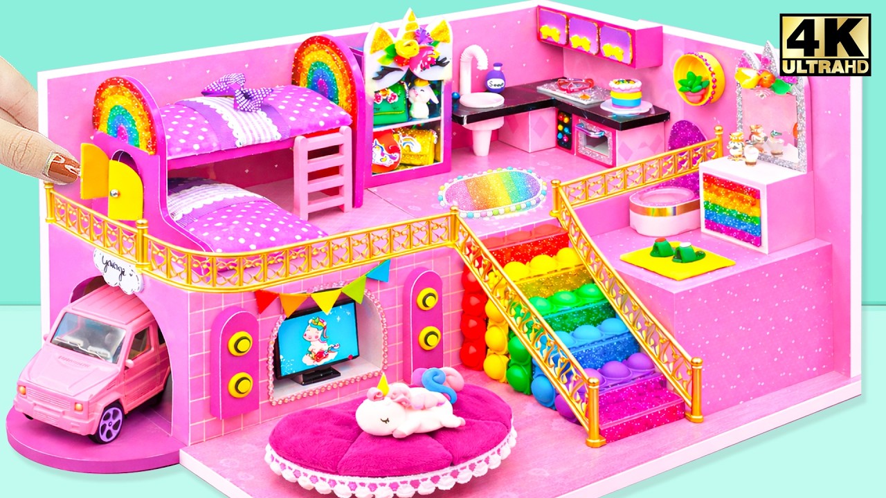 Make Creative Pink Pop It Paradise House with Rainbow Steps & Mini Kitchen ❤️ DIY Miniature House