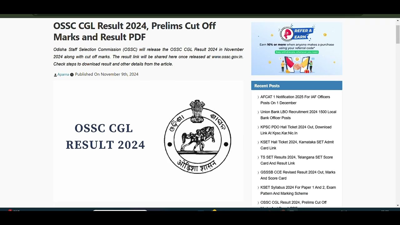 OSSC CGL Result 2024, Prelims Cut Off Marks and Result PDF