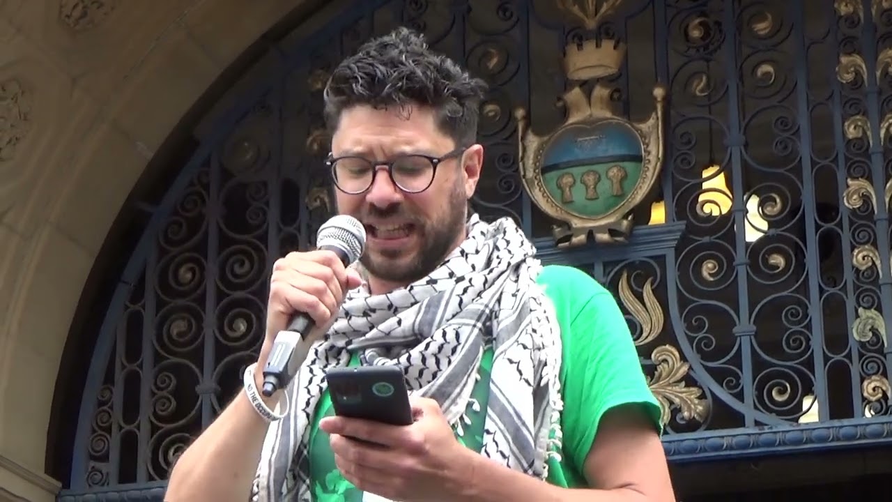Cllr Alexi Dimond, Green Party candidate for Sheffield Heeley, speaks at the  Palestine rally.