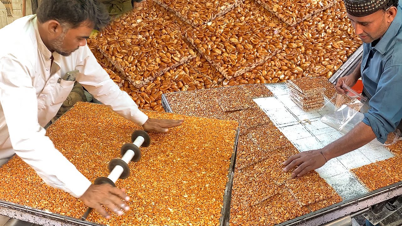 PEANUT CHIKKI MAKING SKILLS! Amazing Street Food Jaggery Bar Food Processing | Live Moongfali Recipe