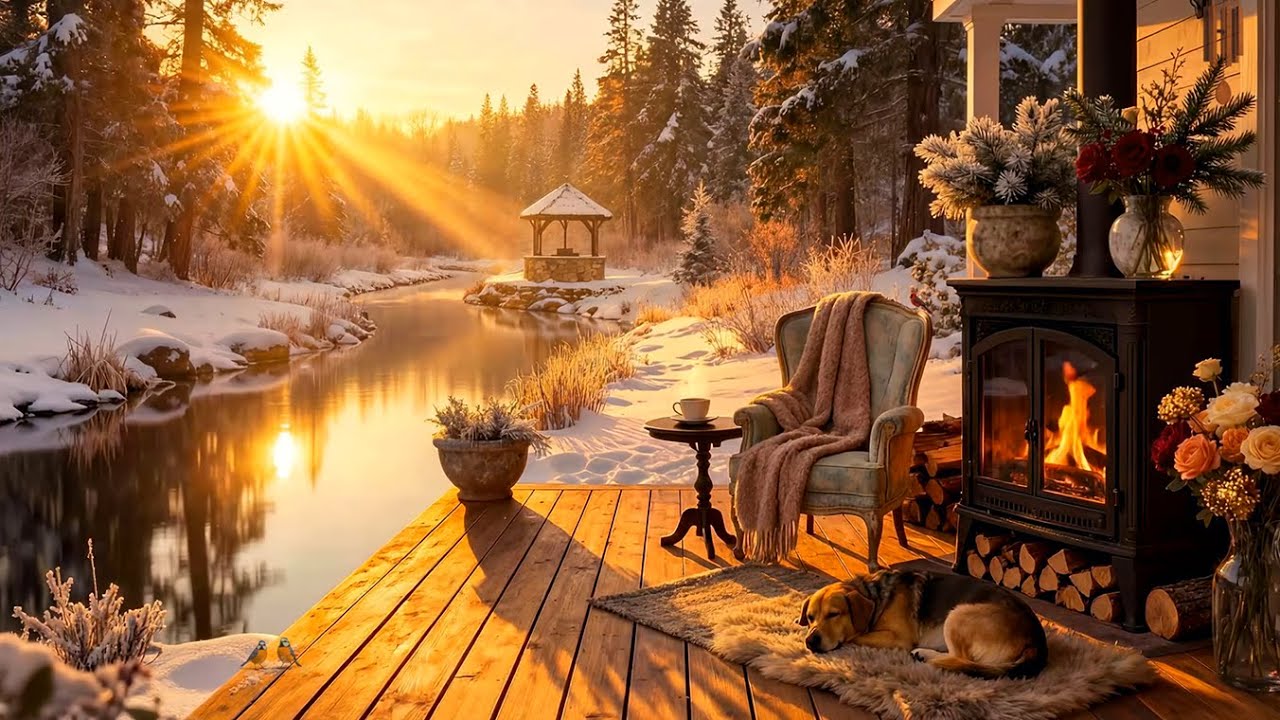 You Enjoy a Peaceful Winter Morning by the Fireplace with Soft Firelight and Nature Calm 🔥✨❄️