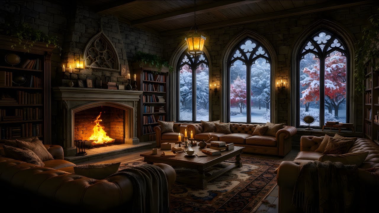 Cozy Winter Library Ambience ❄️🔥 Fireplace Sounds & Snowy Window for Relaxing, Studying, Sleep