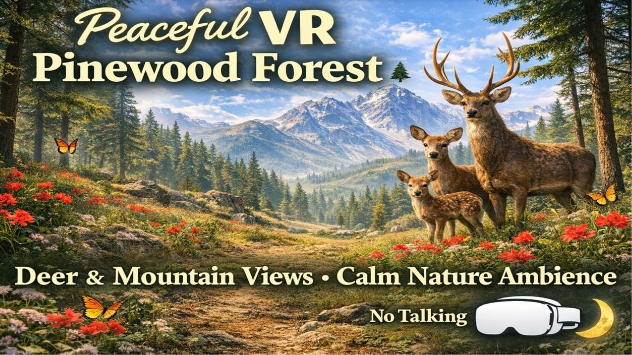 Peaceful VR Pinewood Forest 🌲 Deer & Mountain Views | Calm Nature Ambience (No Talking)