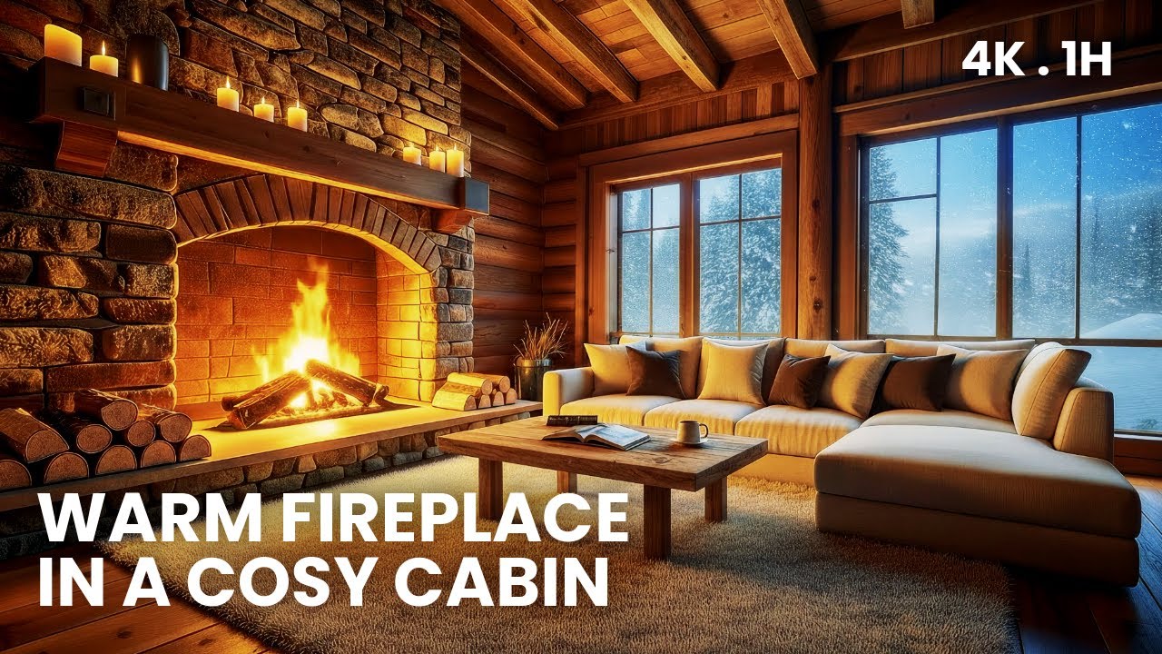 Warm Fireplace in a Snowy Cabin | Cozy Winter Ambience for Relaxation (4K • 1H)