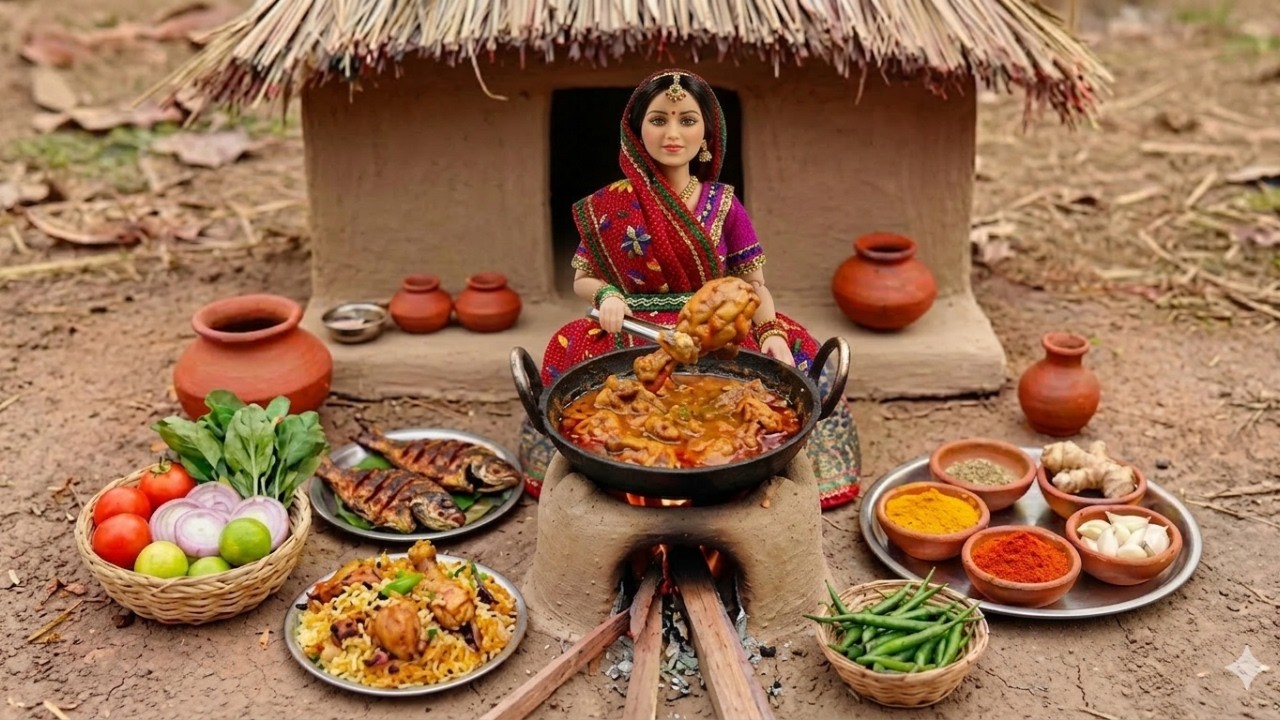 🔥🍗🐟 Miniature Doll Cooks Chicken Biryani & Grilled Fish | Relaxing Indian Tiny Kitchen ASMR