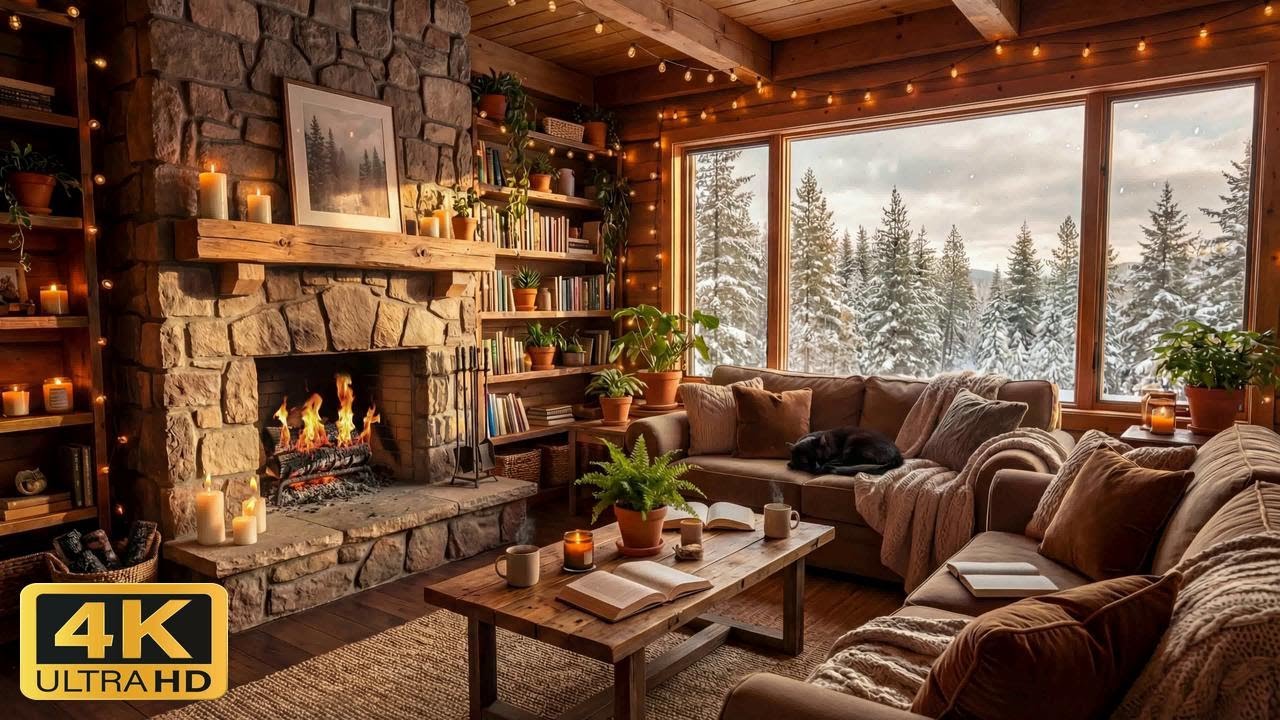 Cozy Cabin Fireplace Jazz: 4 Hours of Snowy Ambient Relaxation