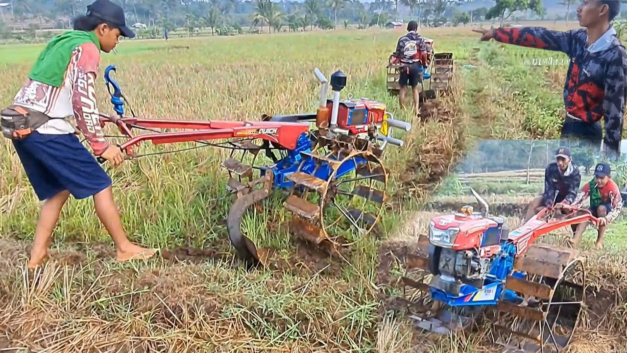 Beriringan dua traktor sawah menuju lahan garapan