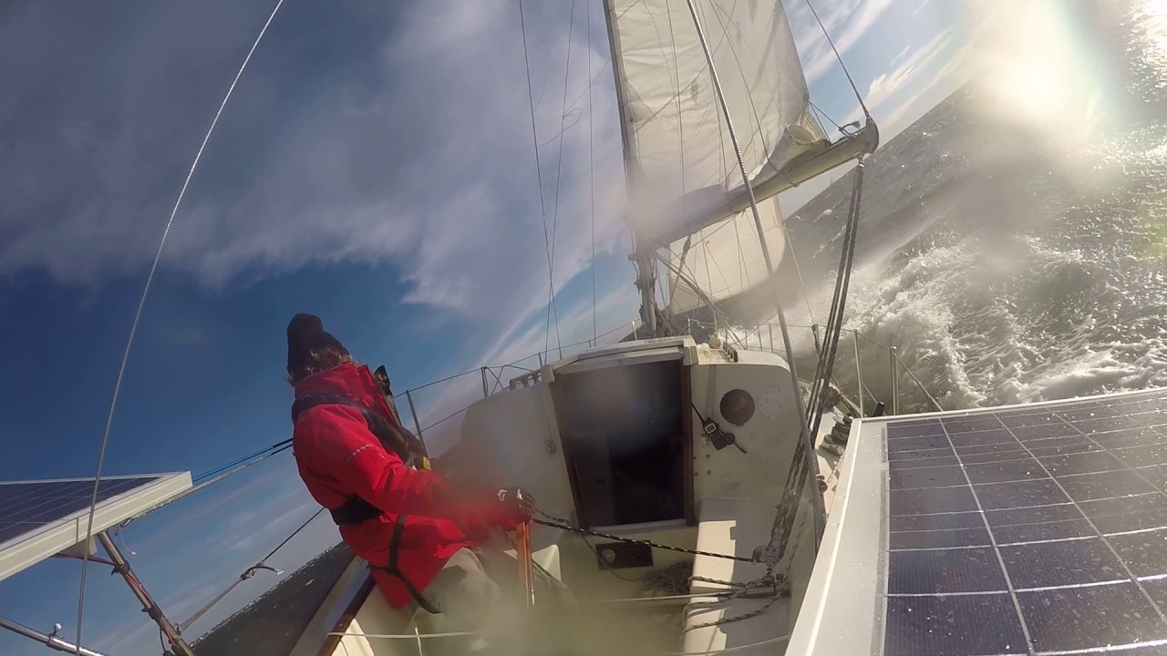 Pauly Dangerous and Sobrius, a 1972 Dufour Arpege, sailing in near-gale conditions on Tampa Bay
