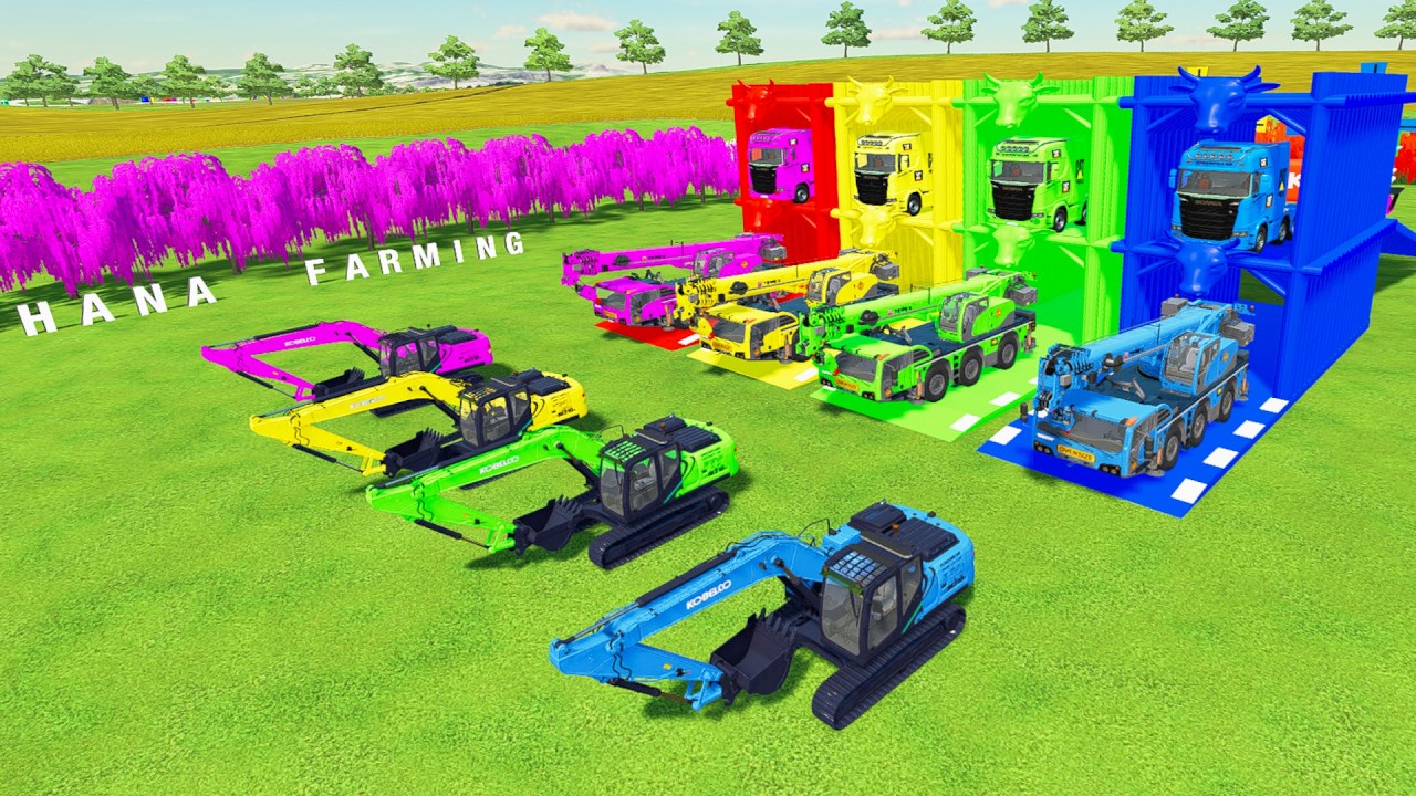 Colorful trucks - TRANSPORTING ALL COLORFUL KOBELCO SK210 EXCAVATOR, TEREX CRANE TO COLORFUL GARAGE