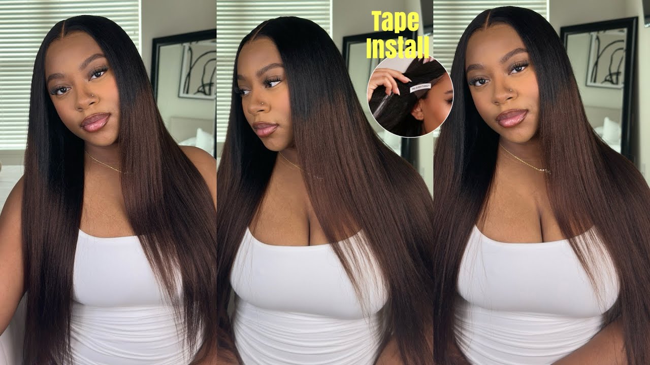 BROWN BLACK OMBRE GLUE LESS WIG INSTALL USING WIG TAPE 🤎 | Yaki Straight HD Lace | KissLove Hair