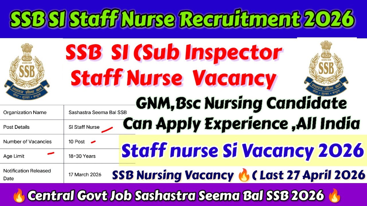 SSB Sub Inspector Staff Nurse Recruitment,SSB Staff Nurse Vacancy 2026,Nursing Vacancy 2026,Govt job
