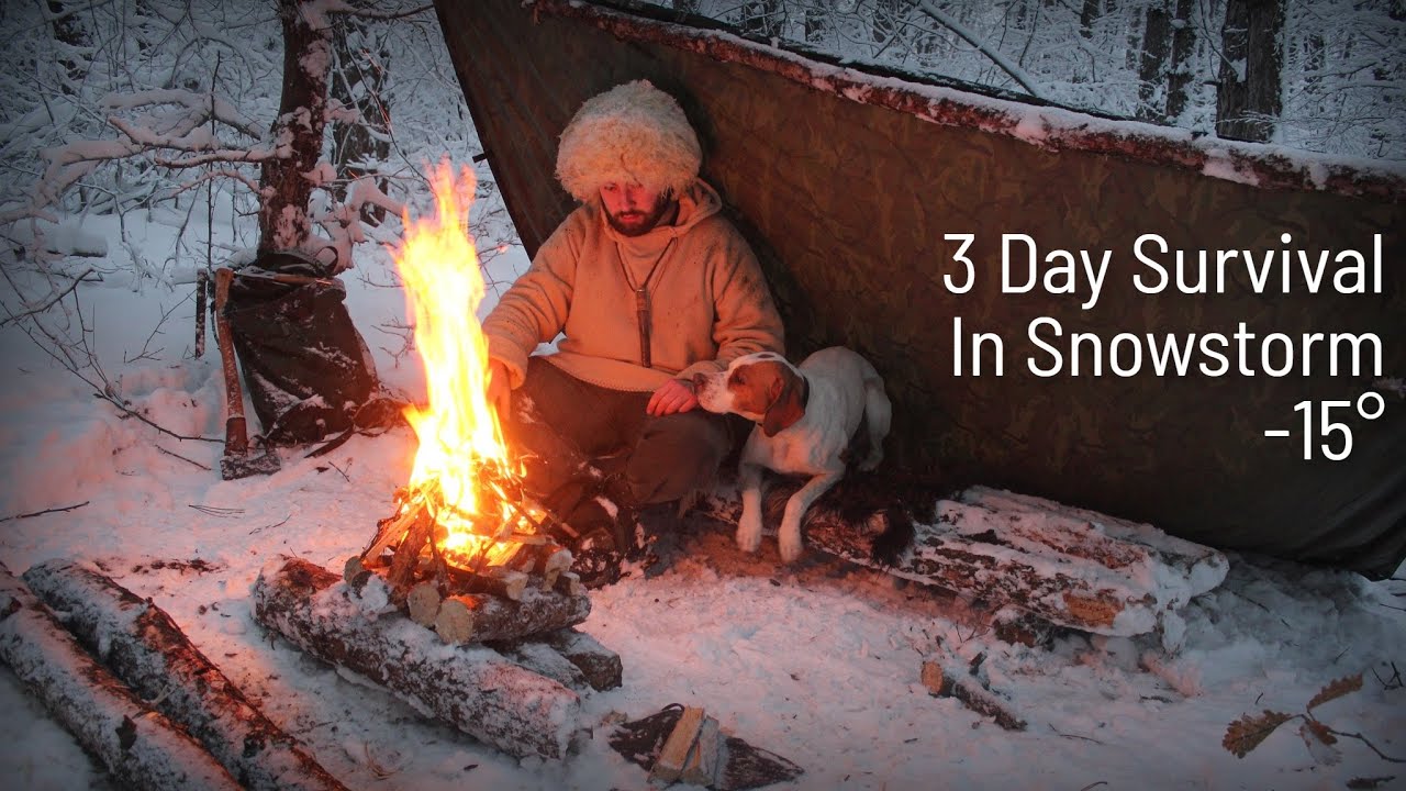 3 Day Bushcraft Survival In Snowstorm - 15° No Sleeping bag , No Tent