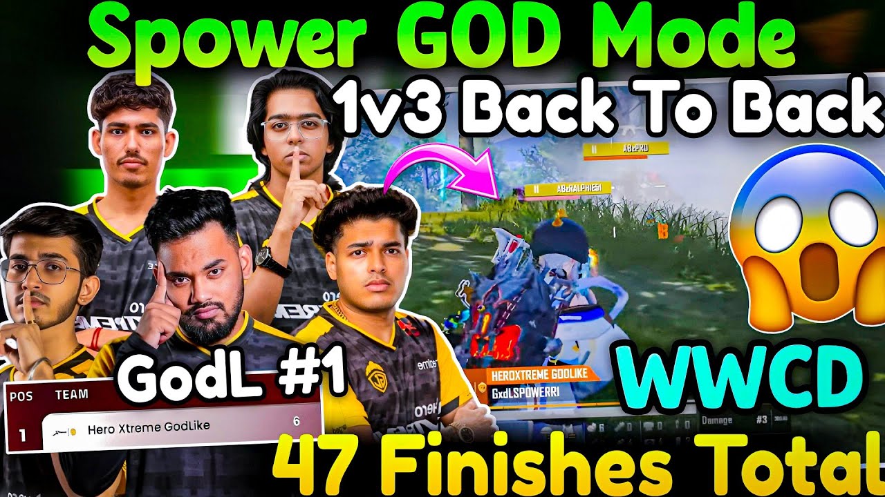Spower God Mode😱 Back To Back 1v3🔥 WWCD🚨 47 Finishes Total😲GodL #1 Finals Day1