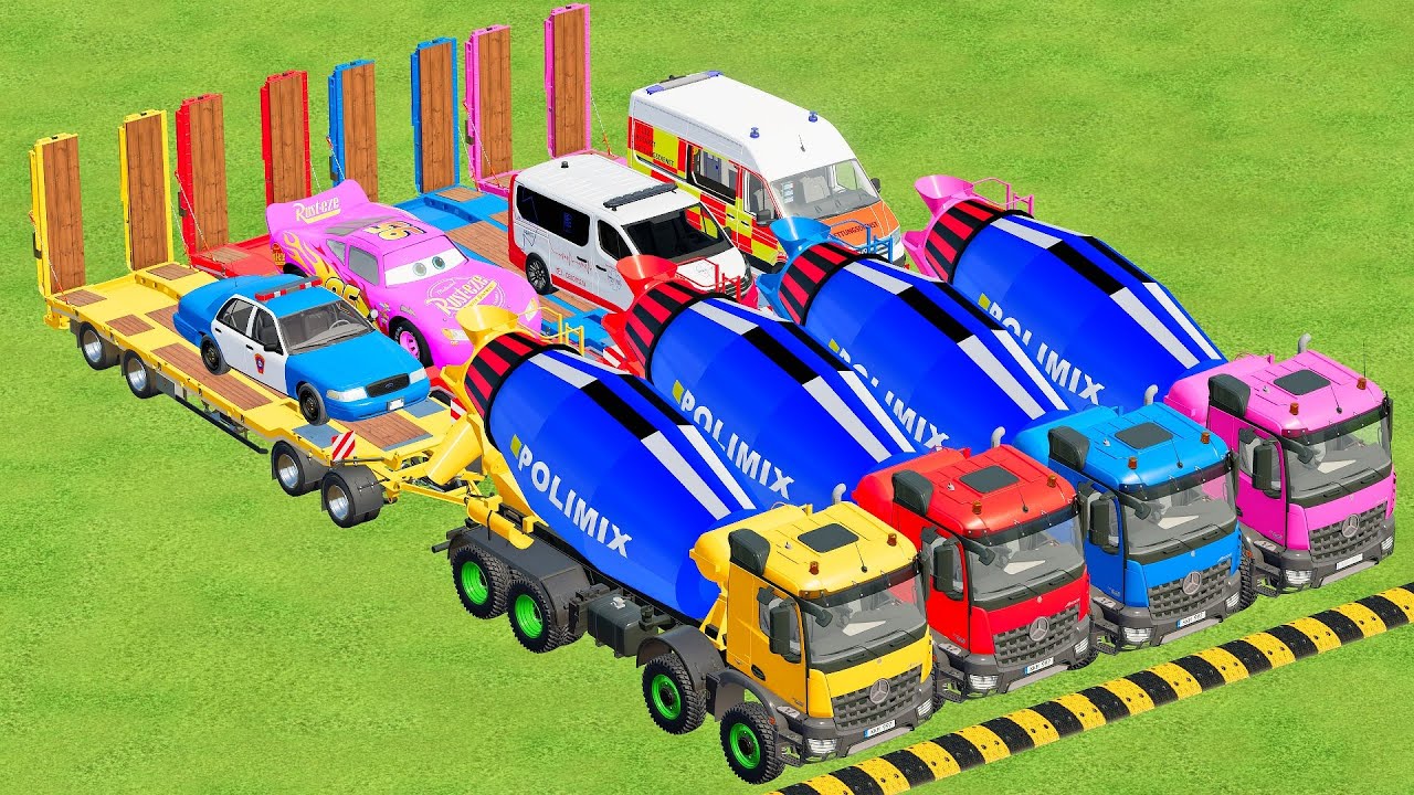 TRANSPORTING EMERGENCY CARS, AMBULANCE, POLICE CARS, FIRE TRUCK OF COLORS! WITH TRUCKS! - FS 22