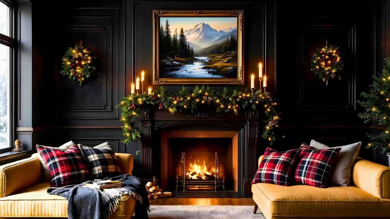 Winter Ambience: Tartan and Timber Lodge Showcasing Fireplace and Snowfall