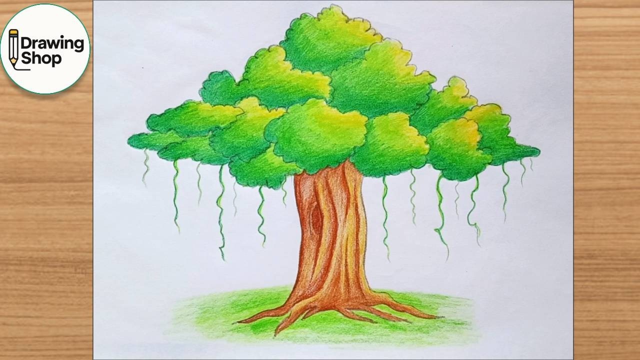how tto draw Banyan Tree - step by step || easy drawing
