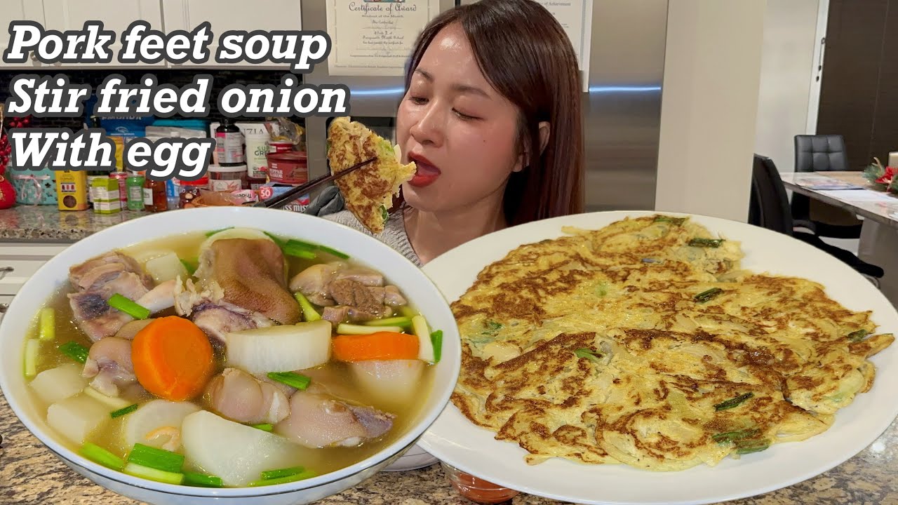 Pork feed and Radish soup | fried egg with onion | So delicious #mukbang #asrm 