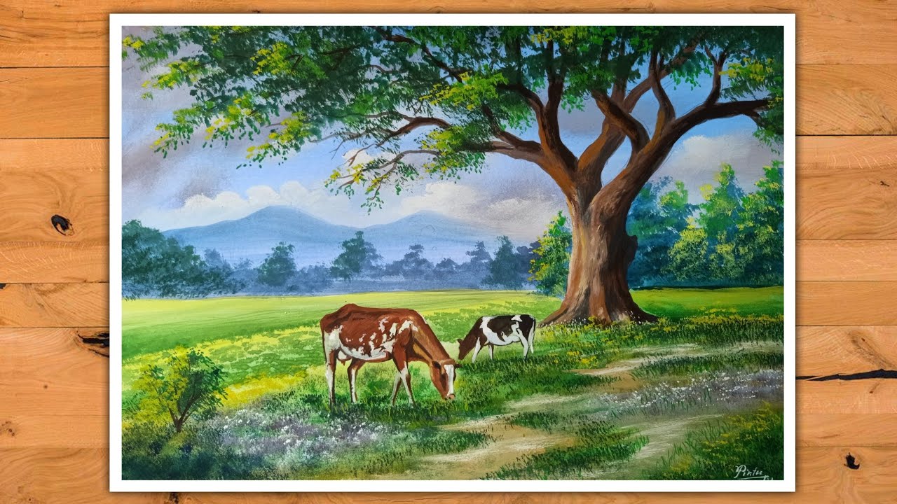 Poster Colour Painting | Scenery with cow grazing