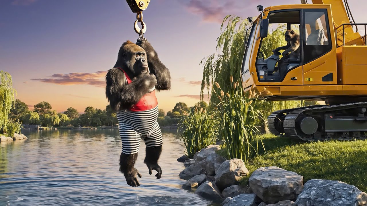Monkey SuTy drives a crane to save Gorilla from the lake on the farm 🐒🚜
