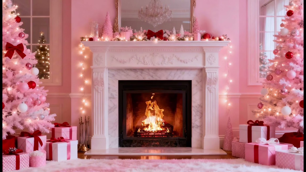 Pink & red girly Christmas fireplace❤️aesthetic ambient holiday background & fire sounds ASMR