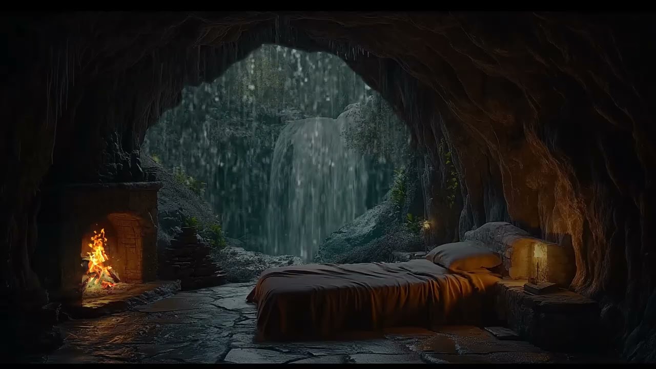 Rain Sounds and Fireplace in Forest Cave for Deep Sleep Meditation and Stress Relief
