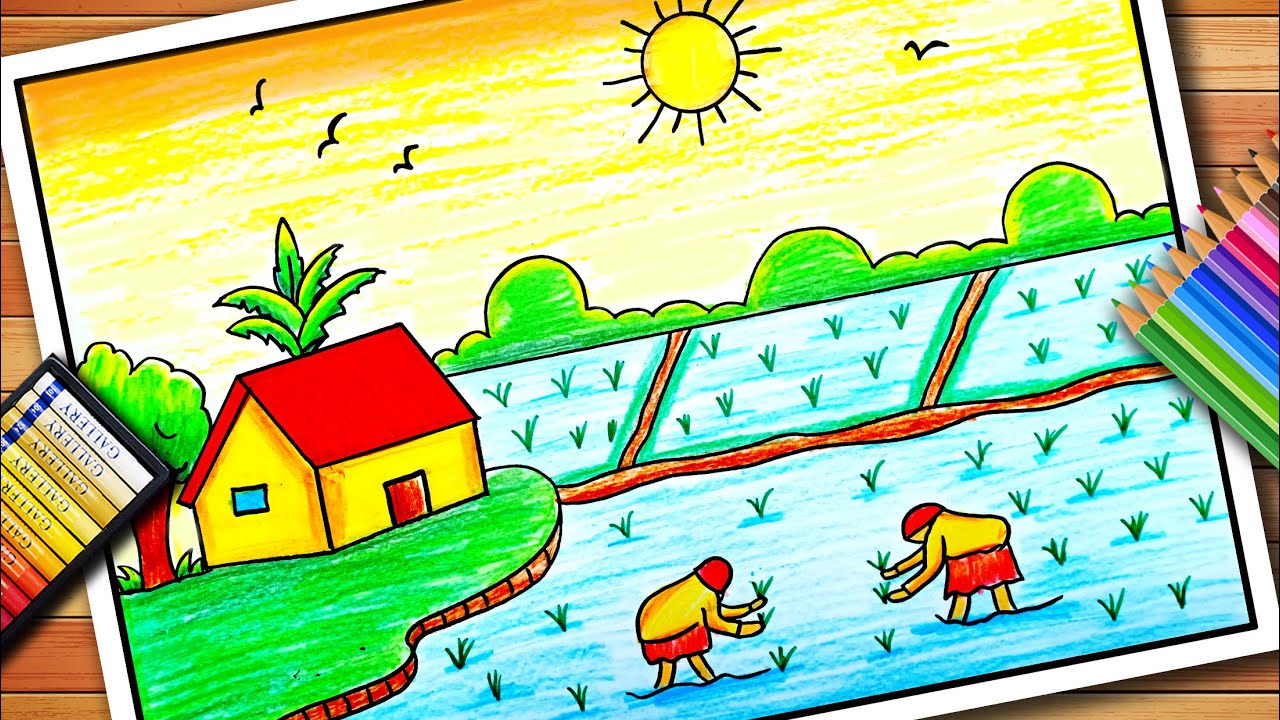 Paddy Field with Farmer Scenery Drawing | Village Scenery Drawing | Cultivation Scenery Easy Drawing