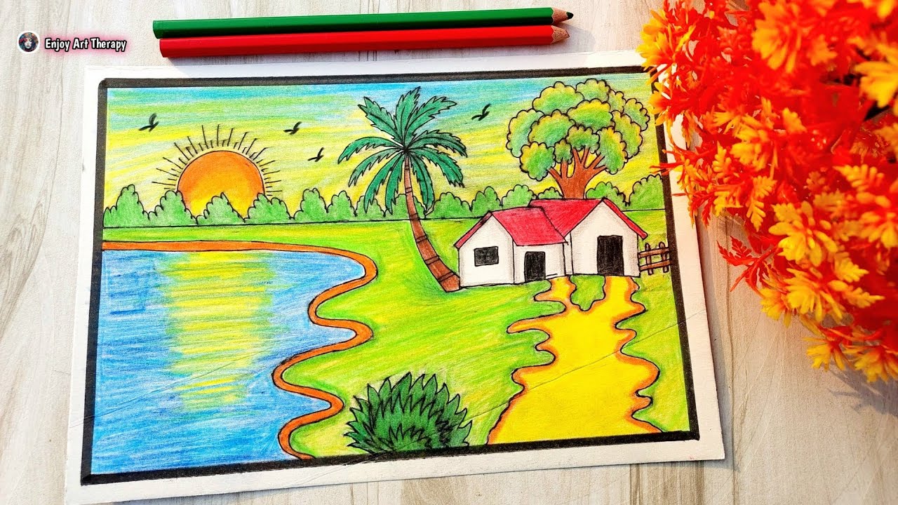 Village Scenery Drawing with pencil colour || Village Scenery Drawing || Pencil Drawing 