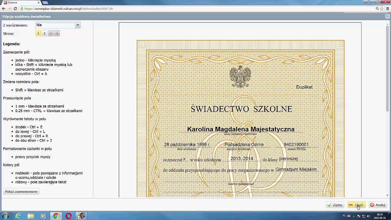 Przygotowywanie danych i drukowanie świadectw
