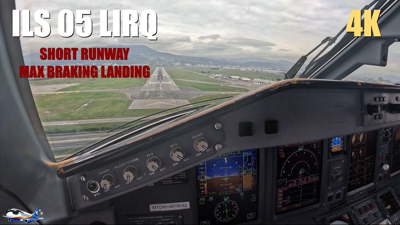E195 Cockpit - MAX BRAKING LANDING ON SHORT RUNWAY in Florence (LIRQ) ILS 05