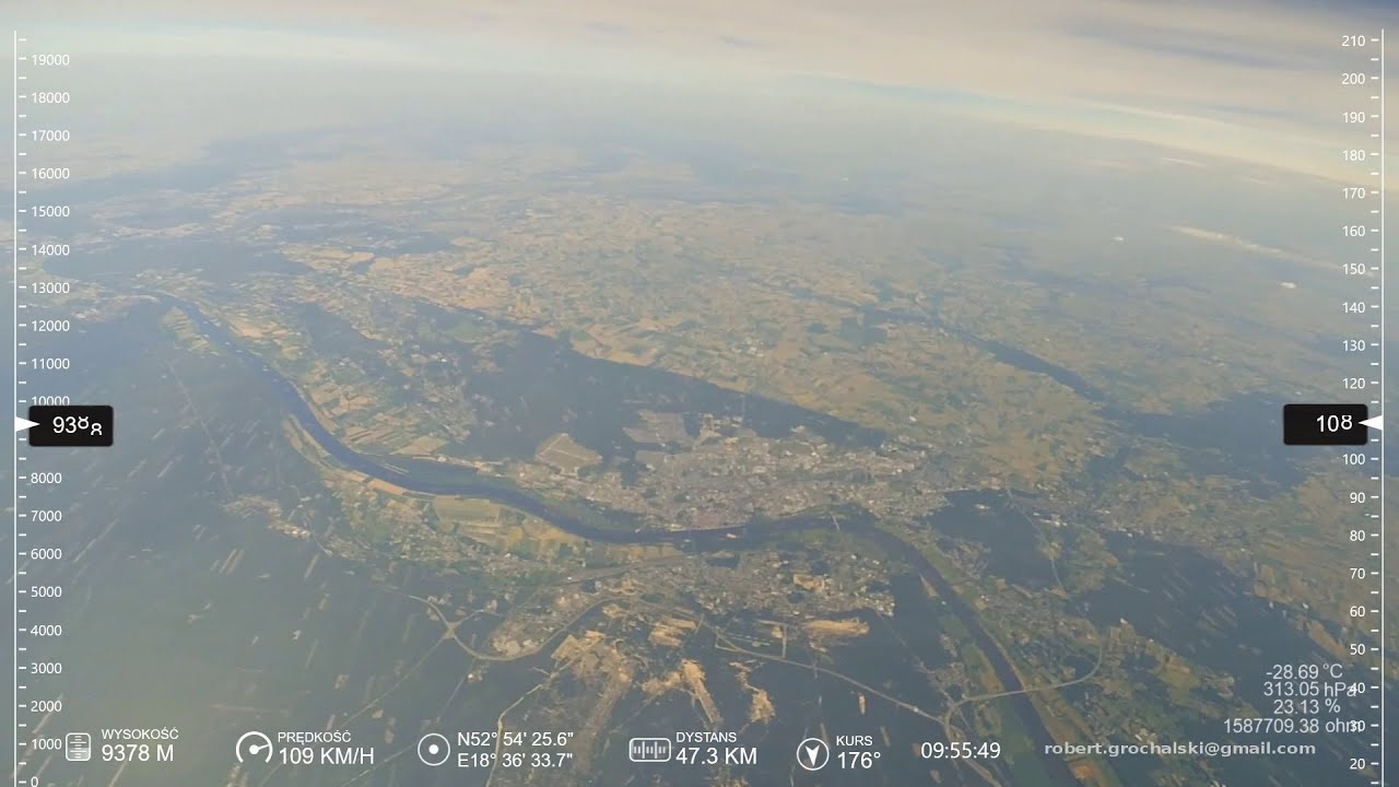 Niski przelot stratosferyczny nad centralną Polską (wysokość 20 km) 2019.06.29 - cały lot