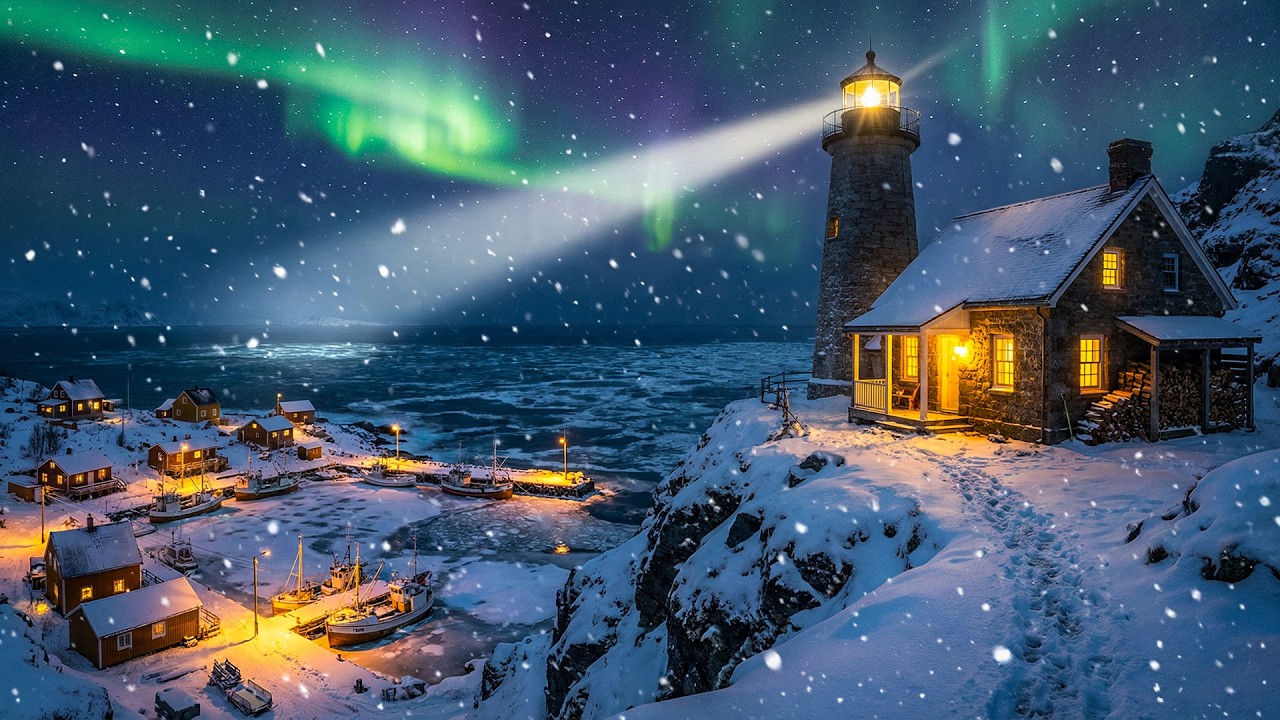 Cozy Lighthouse in Snow ❄️ Northern Lights Winter Night Ambience