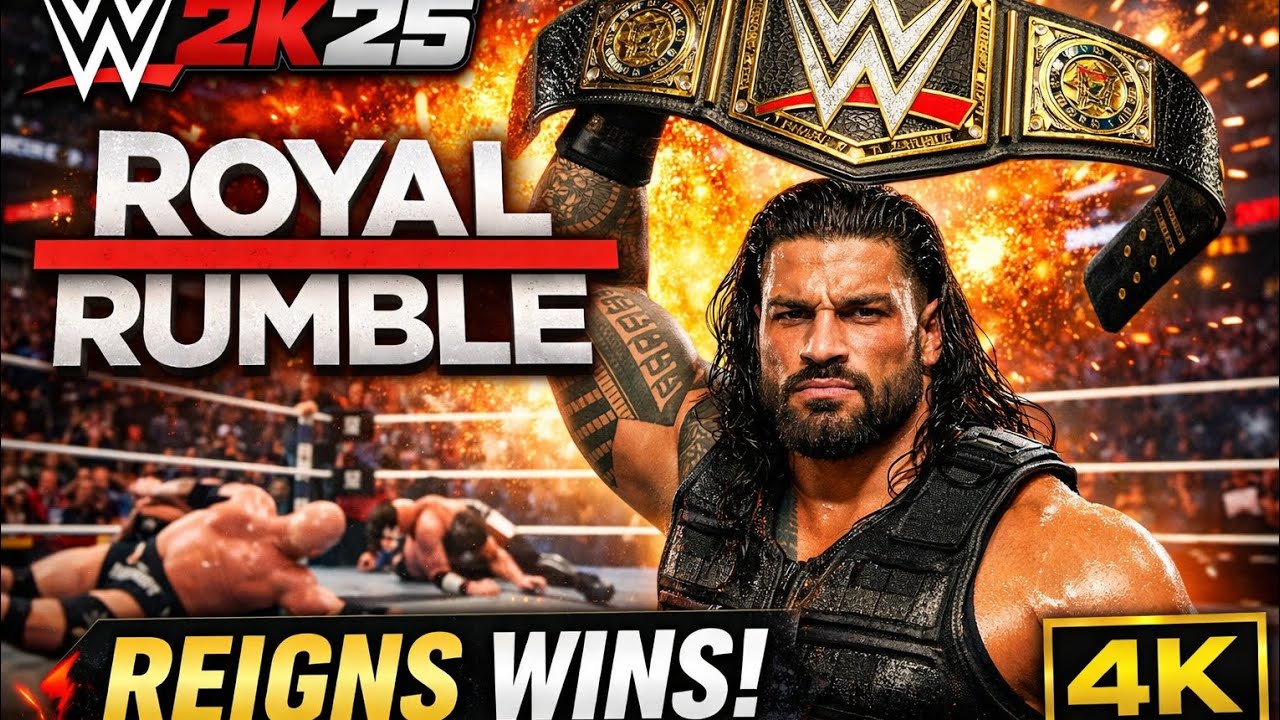 WWE 2K25 Royal Rumble Thrilling Match Roman Reigns Wins the Belt (4K Video)  رومان رينز يفوز بالحزام