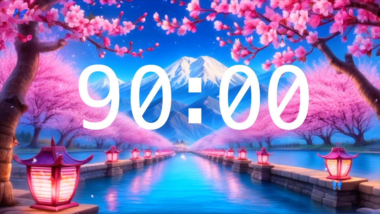 90 Minute Countdown Timer with Alarm | Cherry Blossoms and a River with Lanterns | Relaxing Music